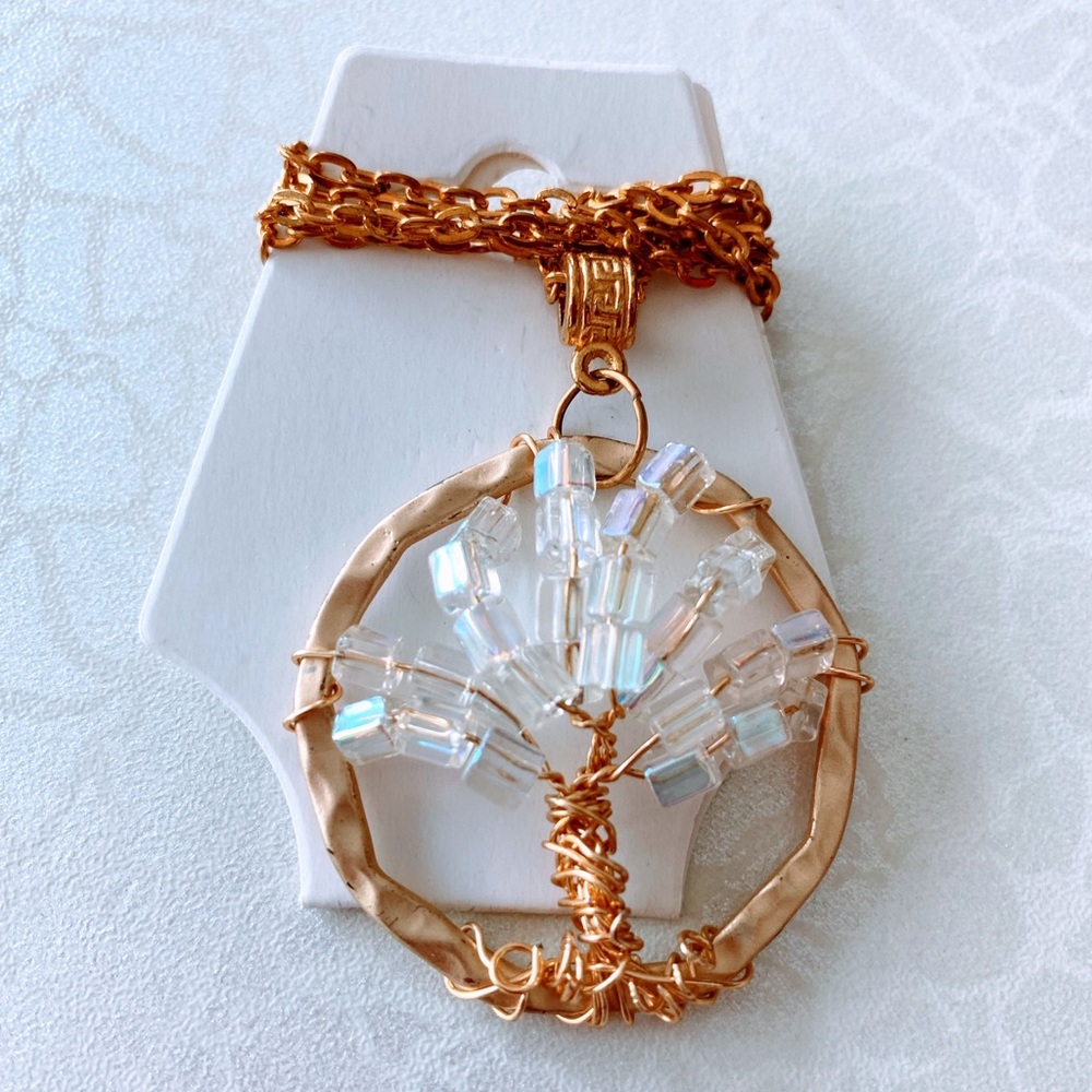 Elegant Gold and Clear Beaded Wire Wrapped Tree Pendant Necklace